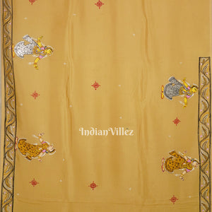 Honey Gold Krishna Rasleela Hand-Painted Pattachitra Saree