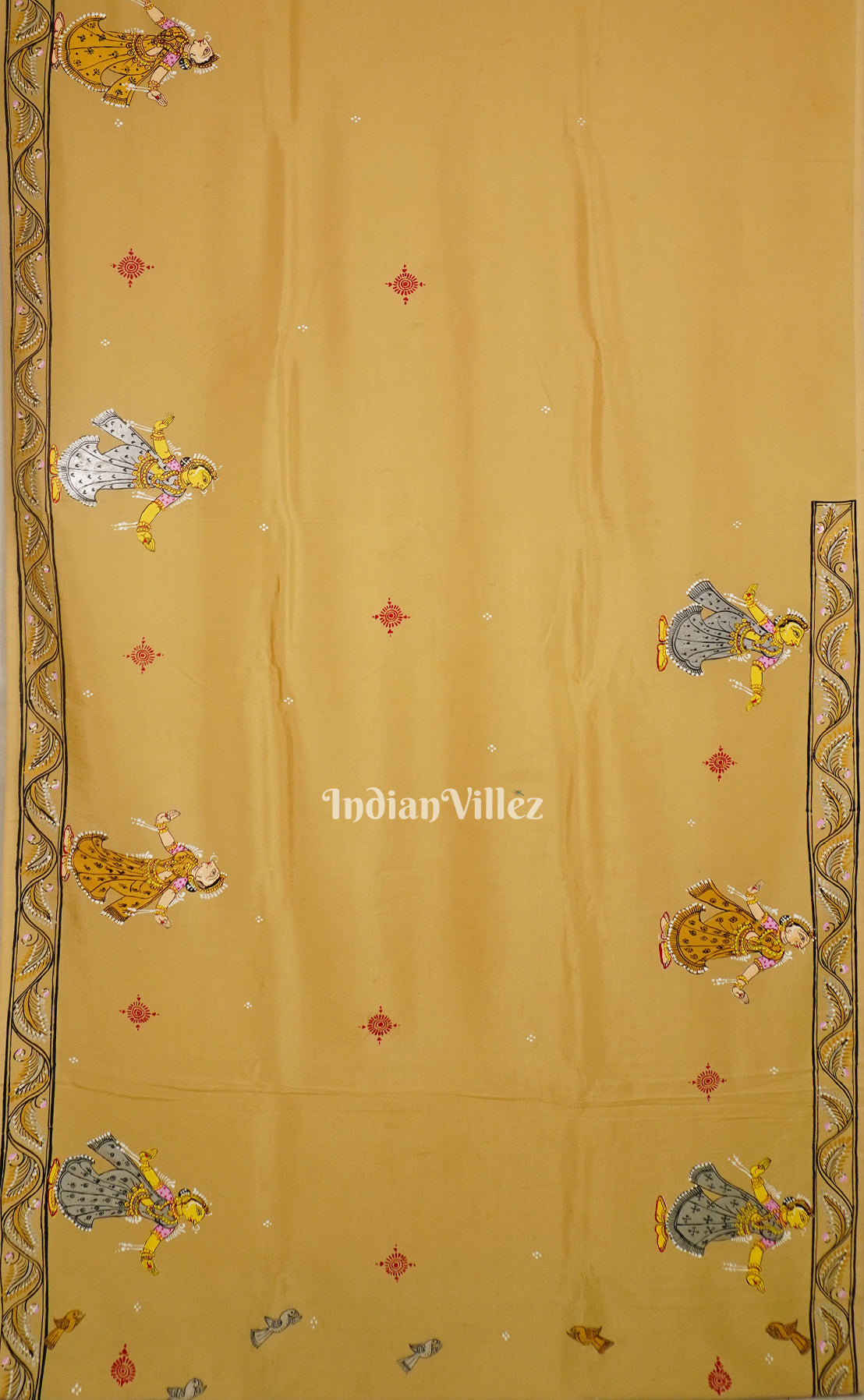 Honey Gold Krishna Rasleela Hand-Painted Pattachitra Saree