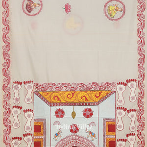 White Maa Laxmi  Gurubara Manabasa Theme Hand-Painted Pattachitra Saree