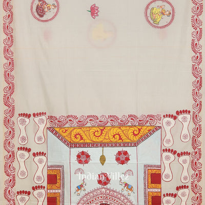 White Maa Laxmi  Gurubara Manabasa Theme Hand-Painted Pattachitra Saree