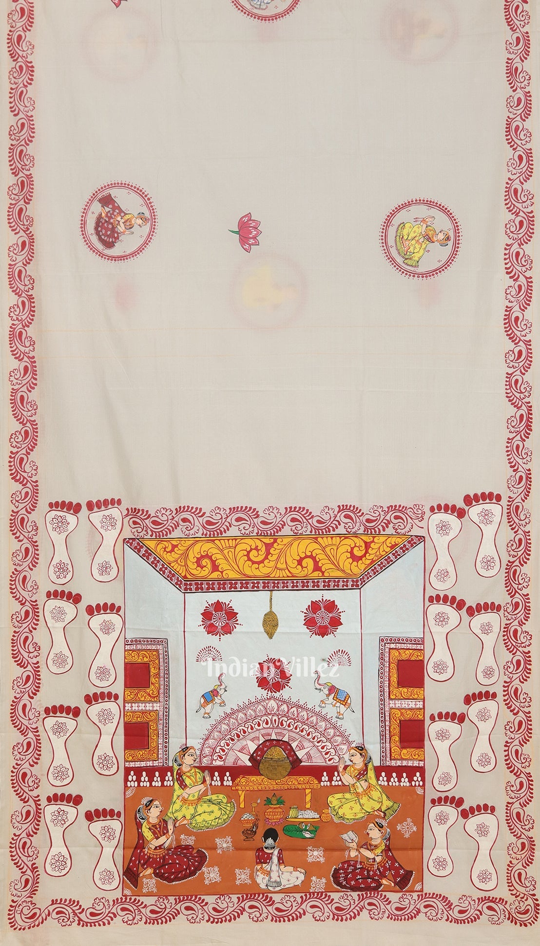White Maa Laxmi  Gurubara Manabasa Theme Hand-Painted Pattachitra Saree
