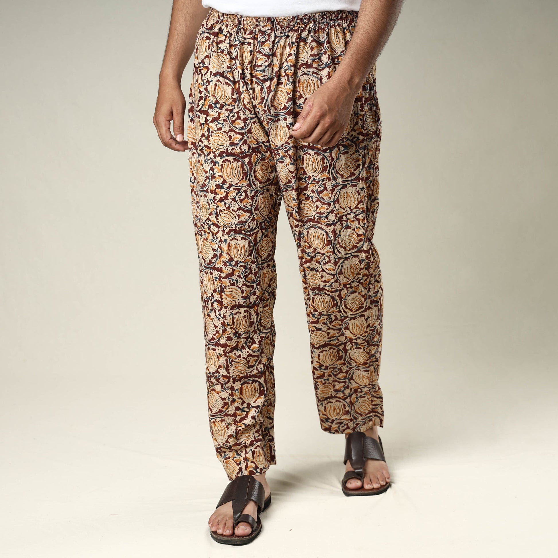 Brown - Kalamkari Block Printed Cotton Men’s Pyjama
