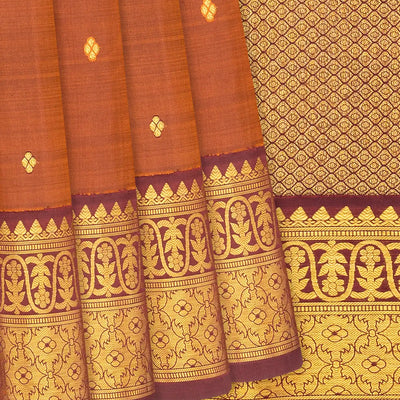 Rustic Brown  Handloom Natural Dyed Silk Saree With 99 Flowers On Pallu