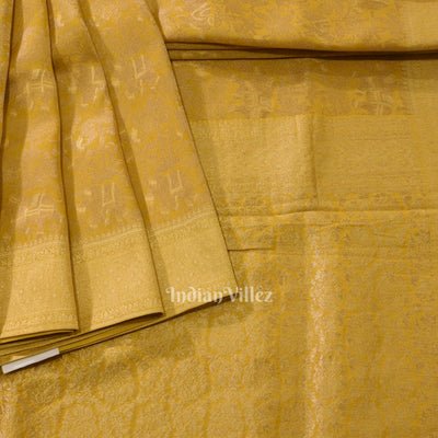 Golden Yellow Tussar Banarasi Silk Saree with Tassels