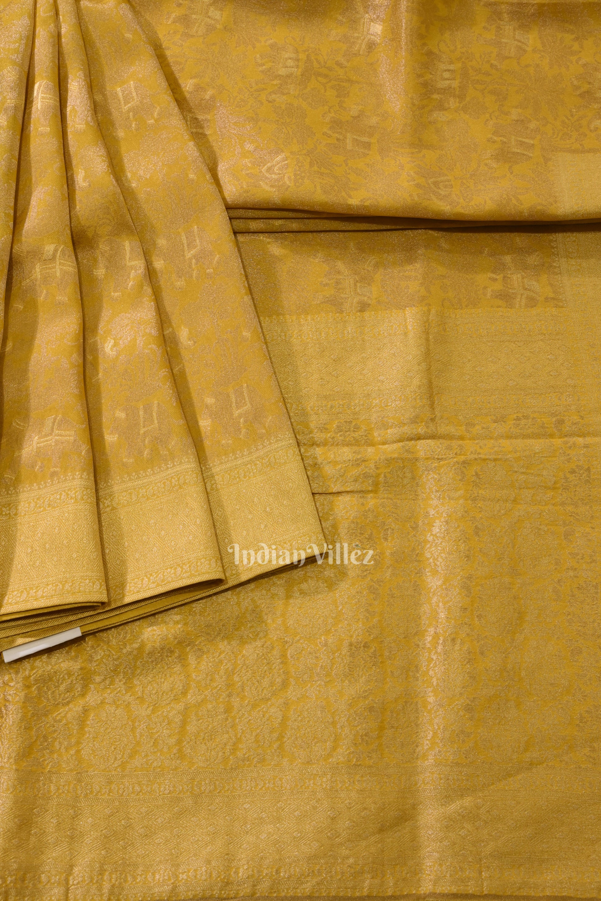 Golden Yellow Tussar Banarasi Silk Saree with Tassels