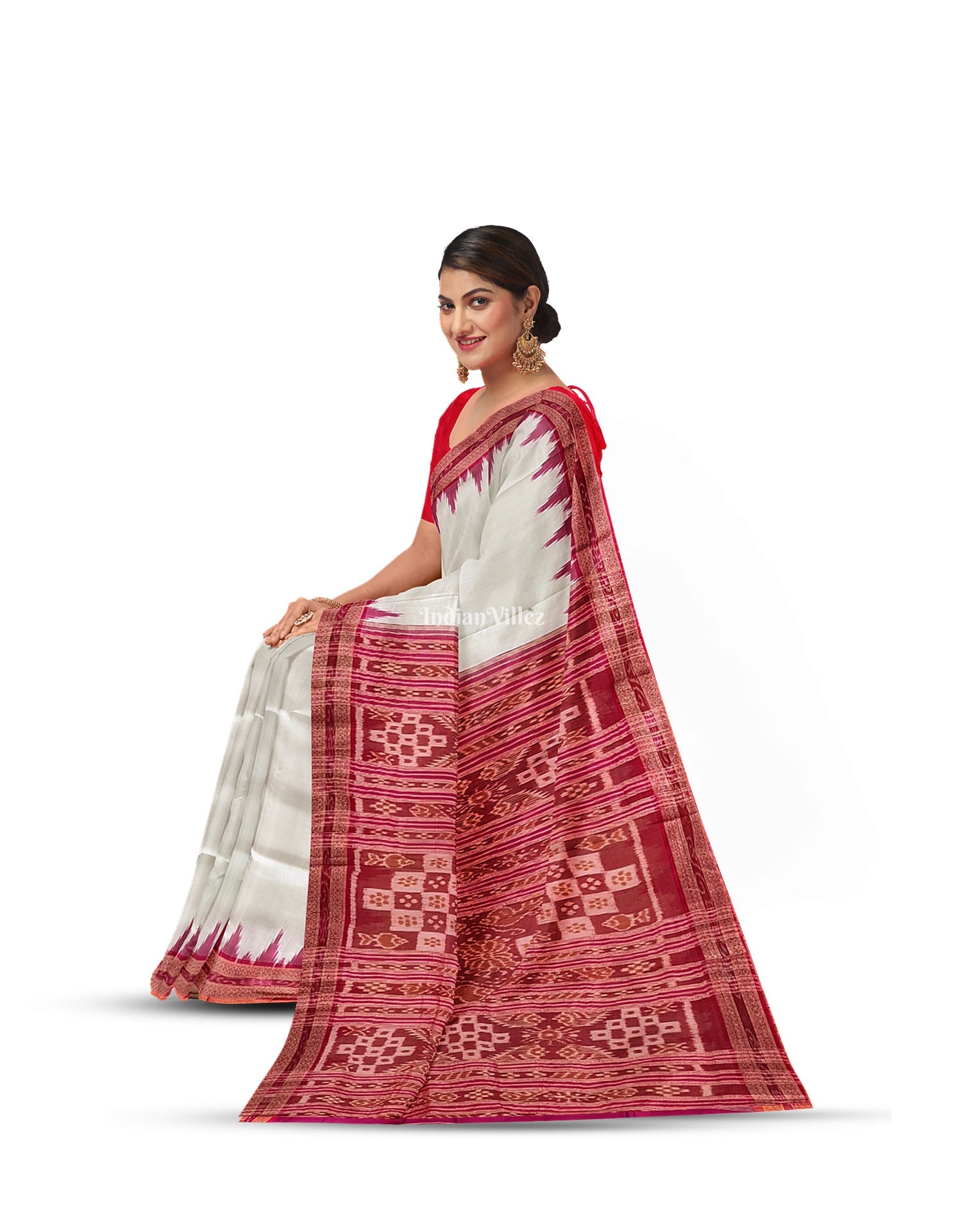 White Odisha Ikat Khandua Silk Saree