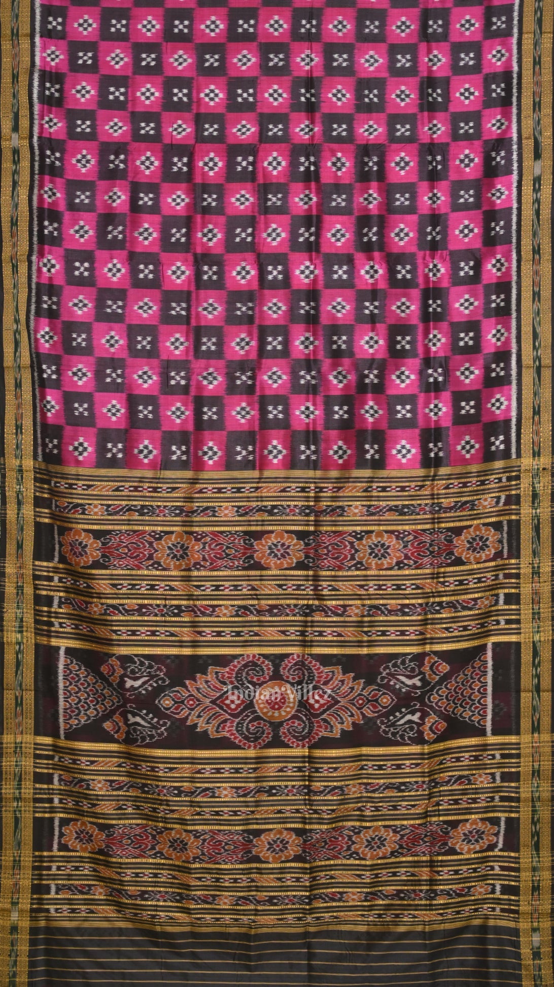 Magenta Pink Black Pasapali Odisha lkat Khandua Silk Saree