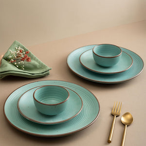 Handmade Ceramic Full dinner set for 2, 2 pieces each of dinner plate, quarter plate and katori bowls, Set of 6, Ocean Green