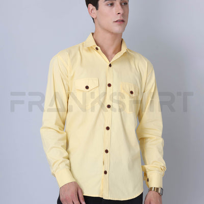 Frankshirt Double Pocket Yellow Solid Tailored Fit Cotton Casual Shirt for Man