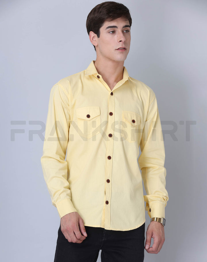 Frankshirt Double Pocket Yellow Solid Tailored Fit Cotton Casual Shirt for Man