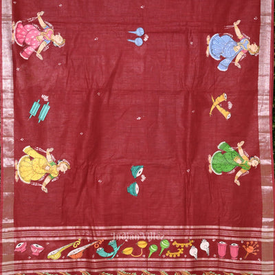 Maroon Nartaki Musical Theme  Hand-Painted Pattachitra Saree