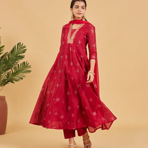 Magenta Red  Festive Kurta Set With Matching Dupatta