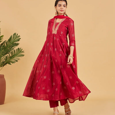 Magenta Red  Festive Kurta Set With Matching Dupatta