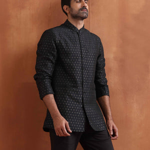 trueBrowns Men's Black Chanderi Long Jacket
