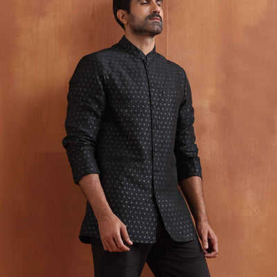 trueBrowns Men's Black Chanderi Long Jacket