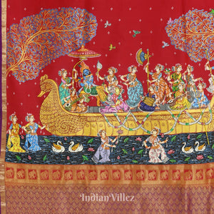 Red Radha Krishna Boita Theme Hand-Painted Pattachitra Saree