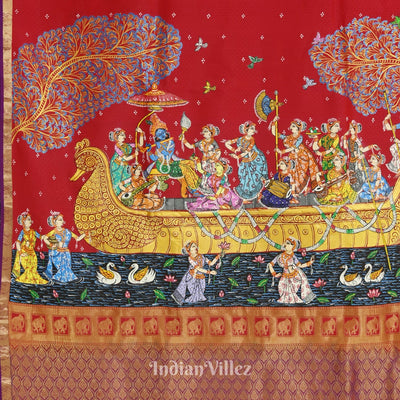 Red Radha Krishna Boita Theme Hand-Painted Pattachitra Saree