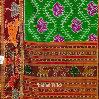 Green Lotus Design with Animal Border Khandua Silk Saree