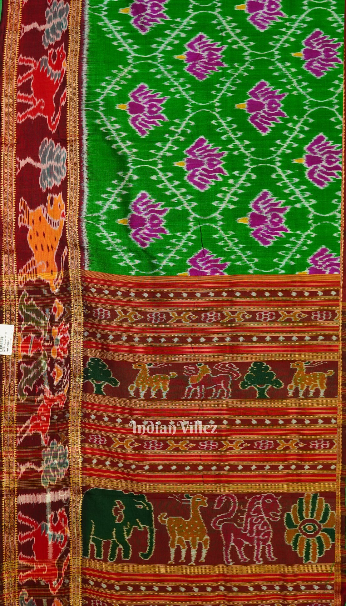 Green Lotus Design with Animal Border Khandua Silk Saree