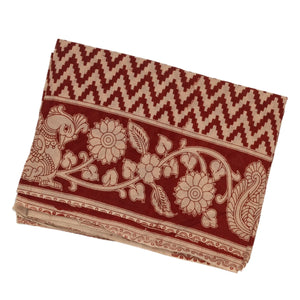 Taupe Cotton Saree With Crimson Kalamkari Print