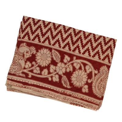 Taupe Cotton Saree With Crimson Kalamkari Print