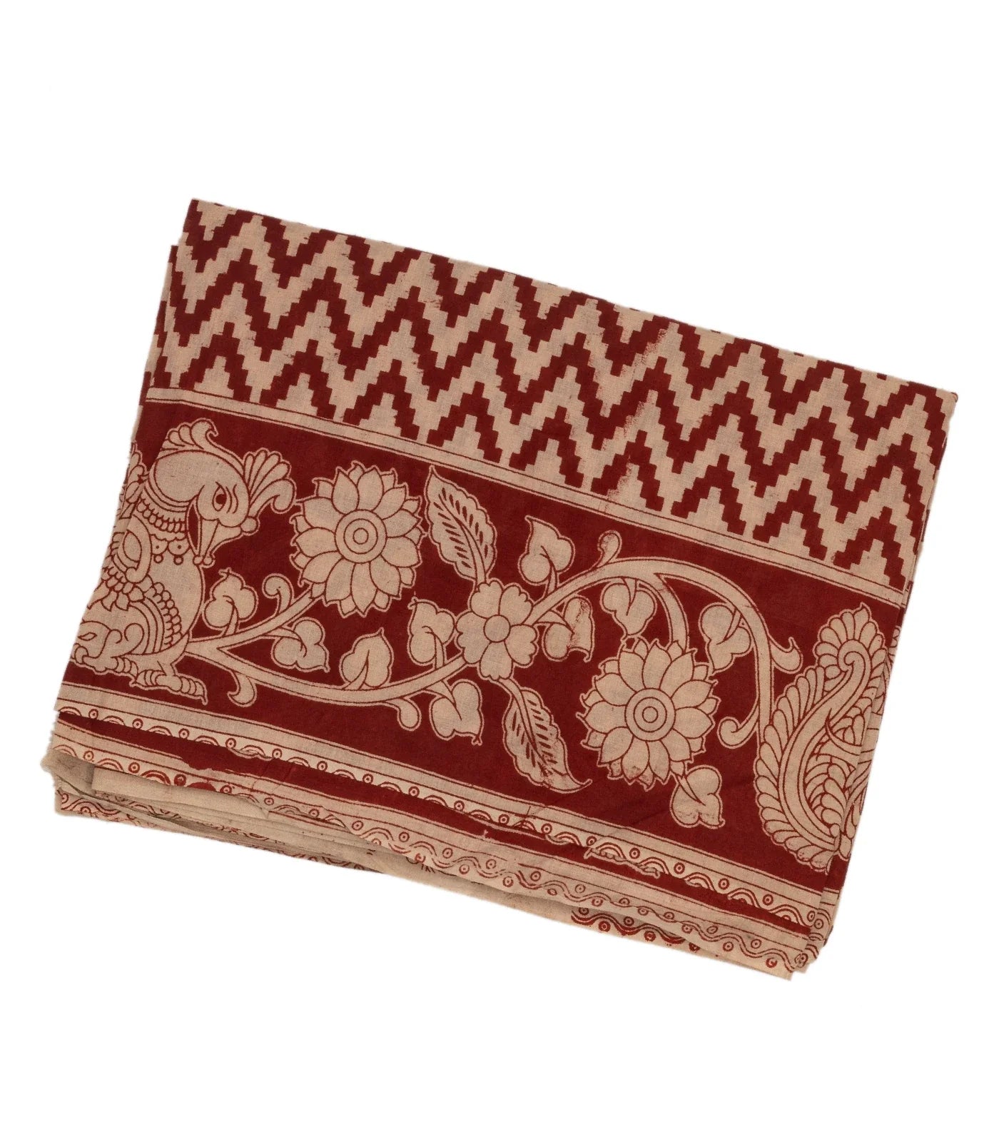 Taupe Cotton Saree With Crimson Kalamkari Print