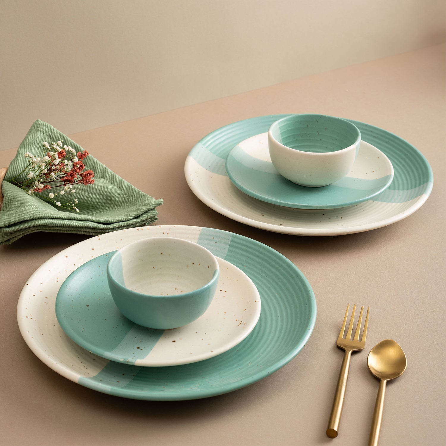 Handmade Ceramic Full dinner set for 2, 2 pieces each of dinner plate, quarter plate and katori bowls, Set of 6, Green Pearl