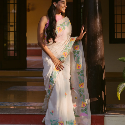 Off White Handloom Bengal Cotton Saree With Floral Meenakari Motifs in Border and Tree of Life Woven in the Jamdani Technique
