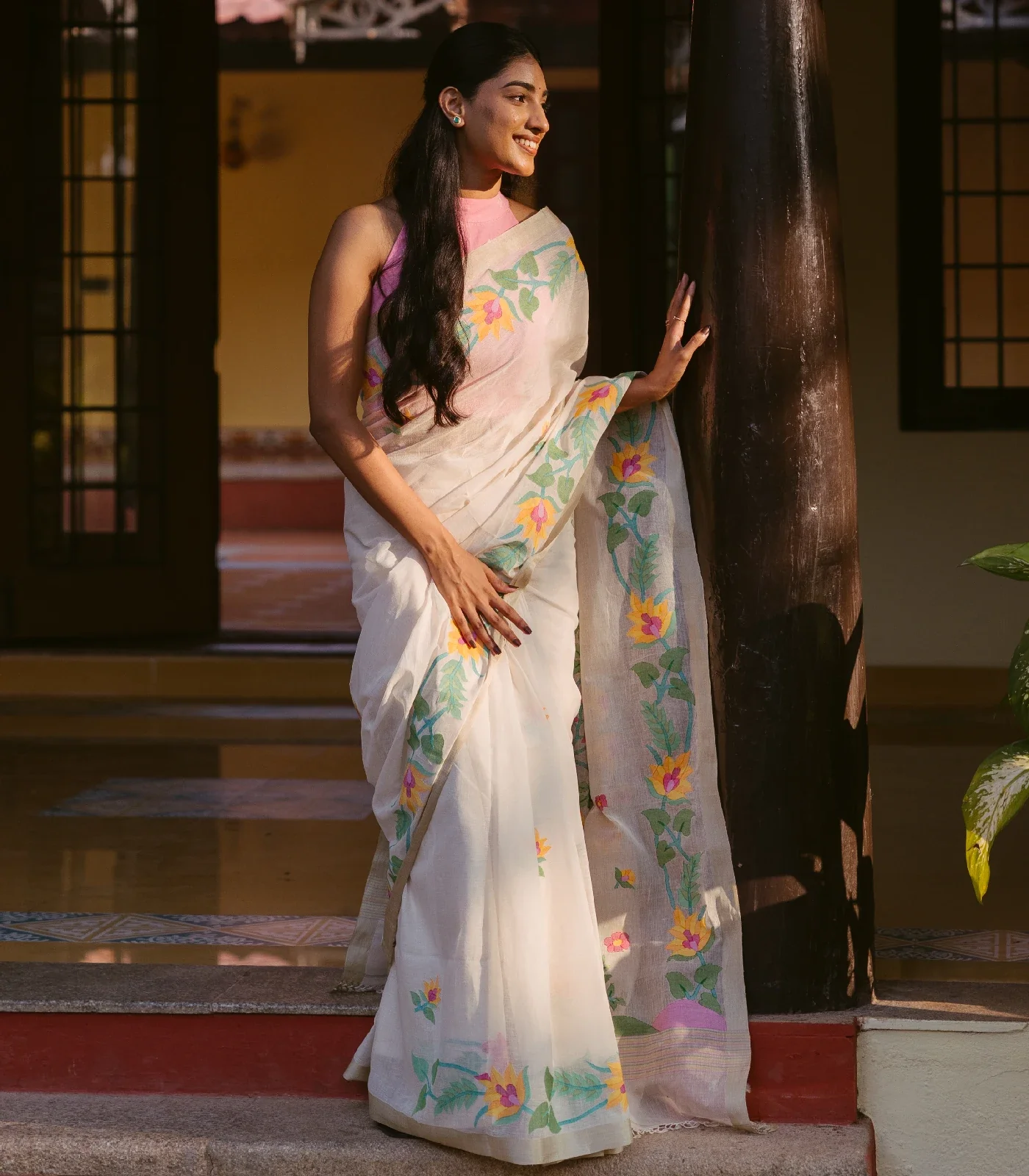 Off White Handloom Bengal Cotton Saree With Floral Meenakari Motifs in Border and Tree of Life Woven in the Jamdani Technique