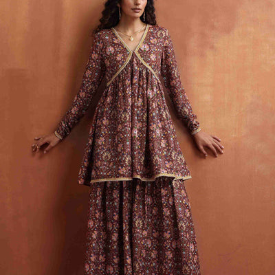 trueBrowns Brown Print Sharara Set