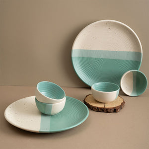 Handmade Ceramic Dinner Set for 2, set of 2 Dinner plates and 4 katoris, Set of 6, Ocean Green Pearl