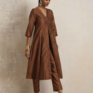trueBrowns Brown Silk Slit Kurta Set