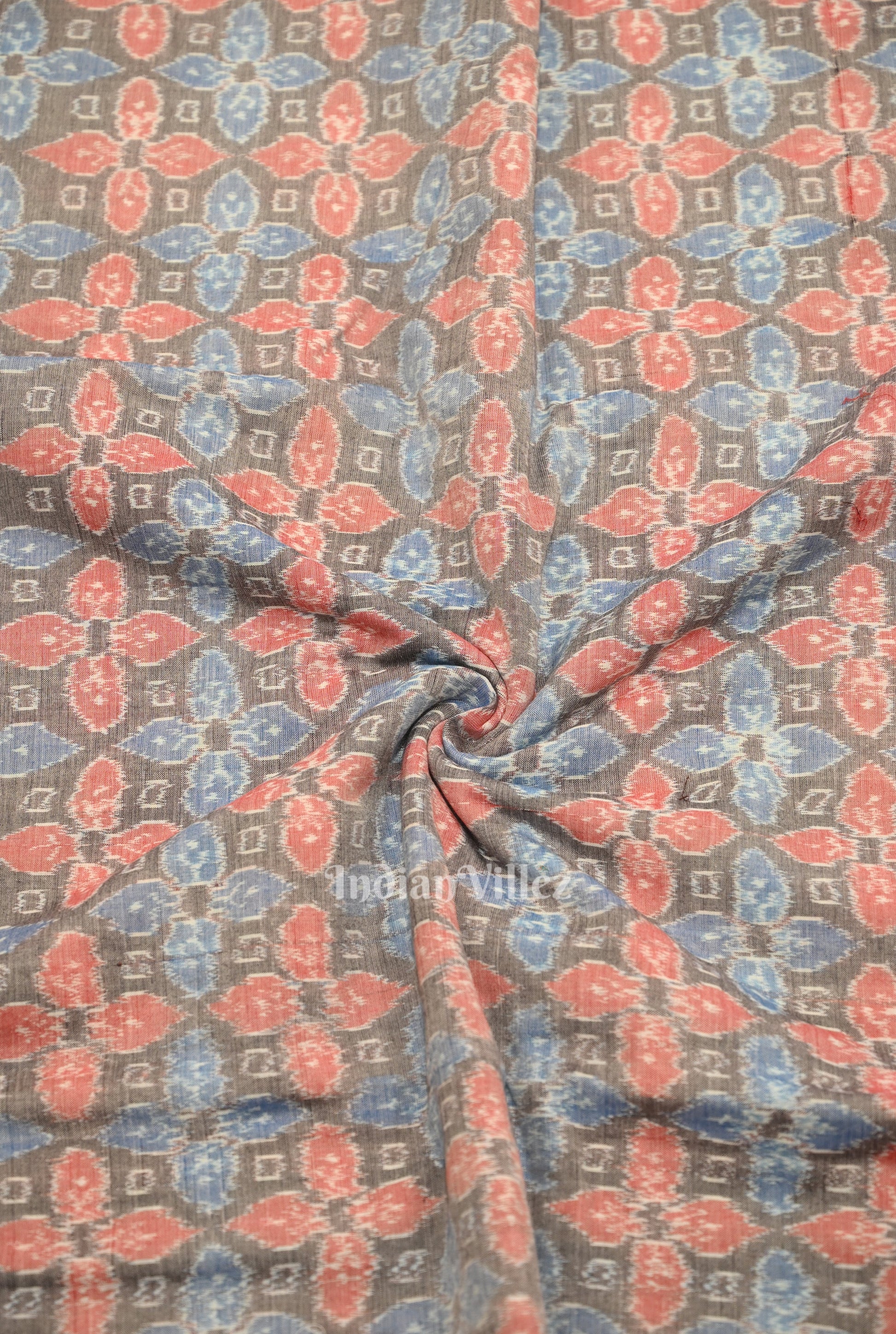Cement Black Floral Motif Sambalpuri Ikat Cotton Fabric