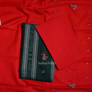 Green with Red Doll Odisha Ikat  Sambalpuri Dress Material & Dupatta