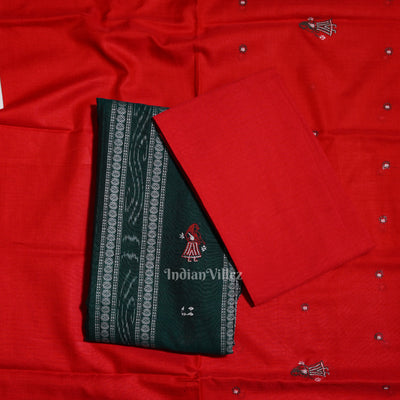 Green with Red Doll Odisha Ikat  Sambalpuri Dress Material & Dupatta