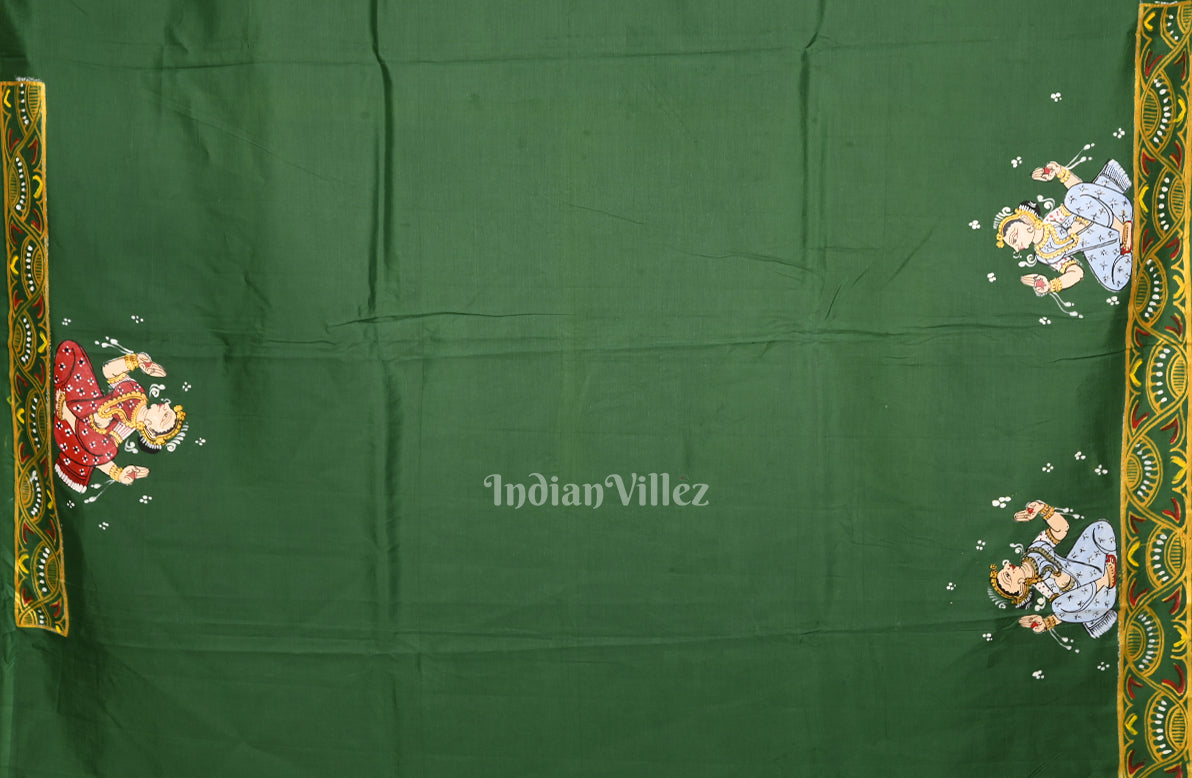 Green Ramayana Theme Hand-Painted Pattachitra Saree