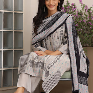 Grey Printed Silk Blend Straight Suit With Dupatta