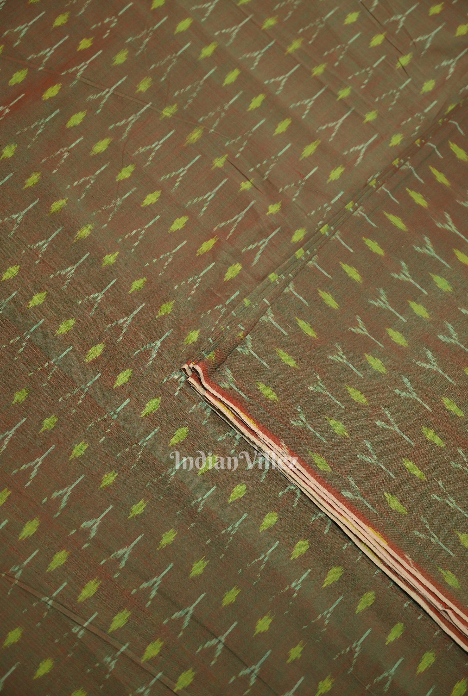 Moss Green Dual Tone Geometric Handwoven Pochampally Ikat Cotton Fabric