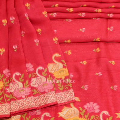 Red Tussar Banarasi Silk Saree with Tassels