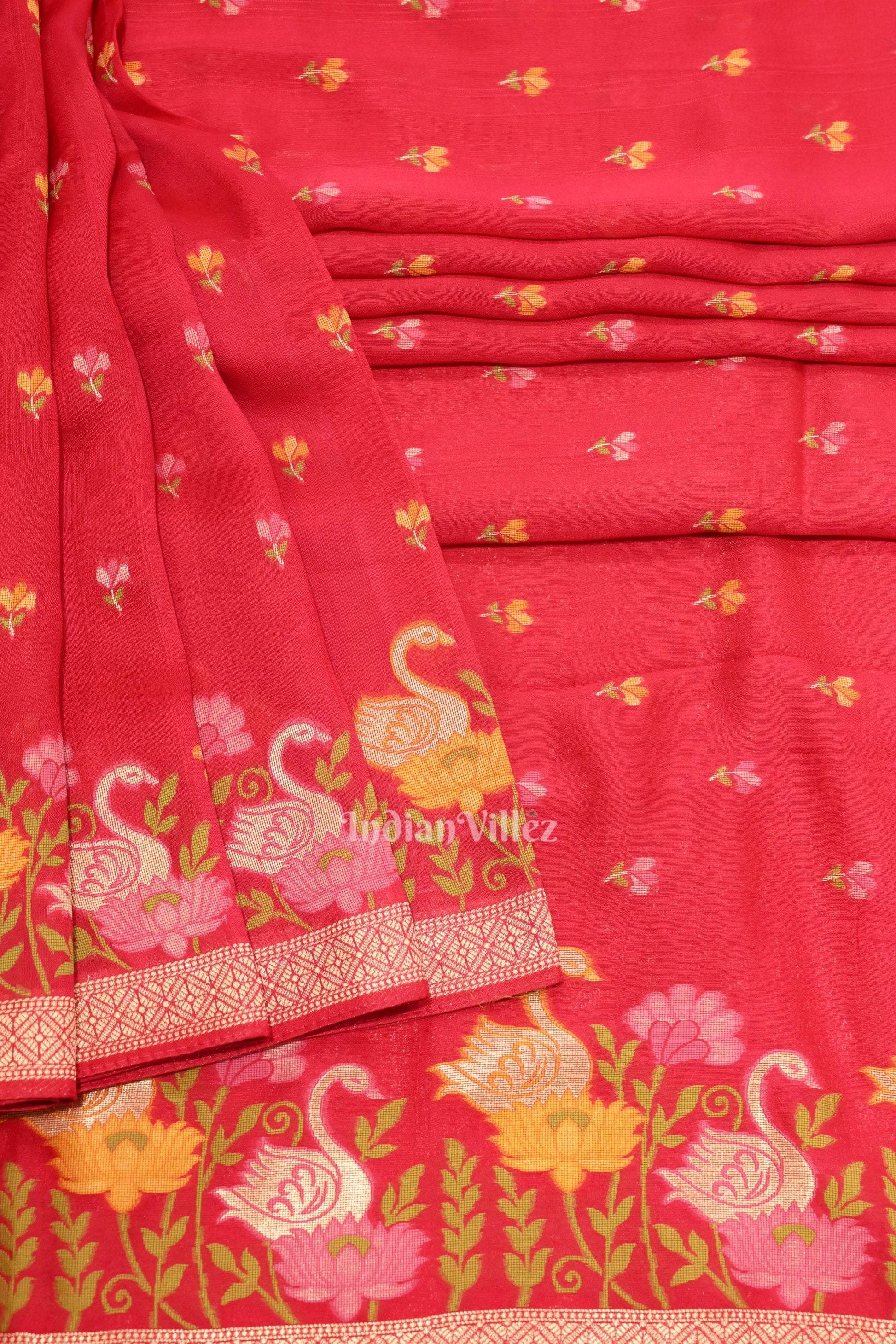 Red Tussar Banarasi Silk Saree with Tassels