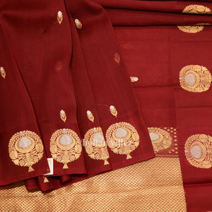 Deep Maroon Banarasi Katan Saree With Floral Handwork