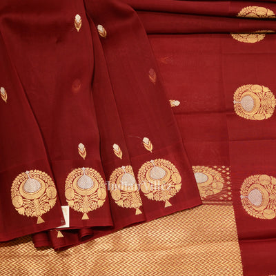Deep Maroon Banarasi Katan Saree With Floral Handwork