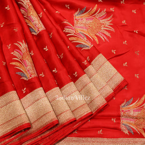 Deep Red Mashru Satin Satin Silk Banarasi Saree
