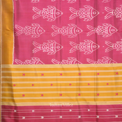 Baby Pink Yellow Fish Motif Odisha Ikat Contemporary Designer Saree