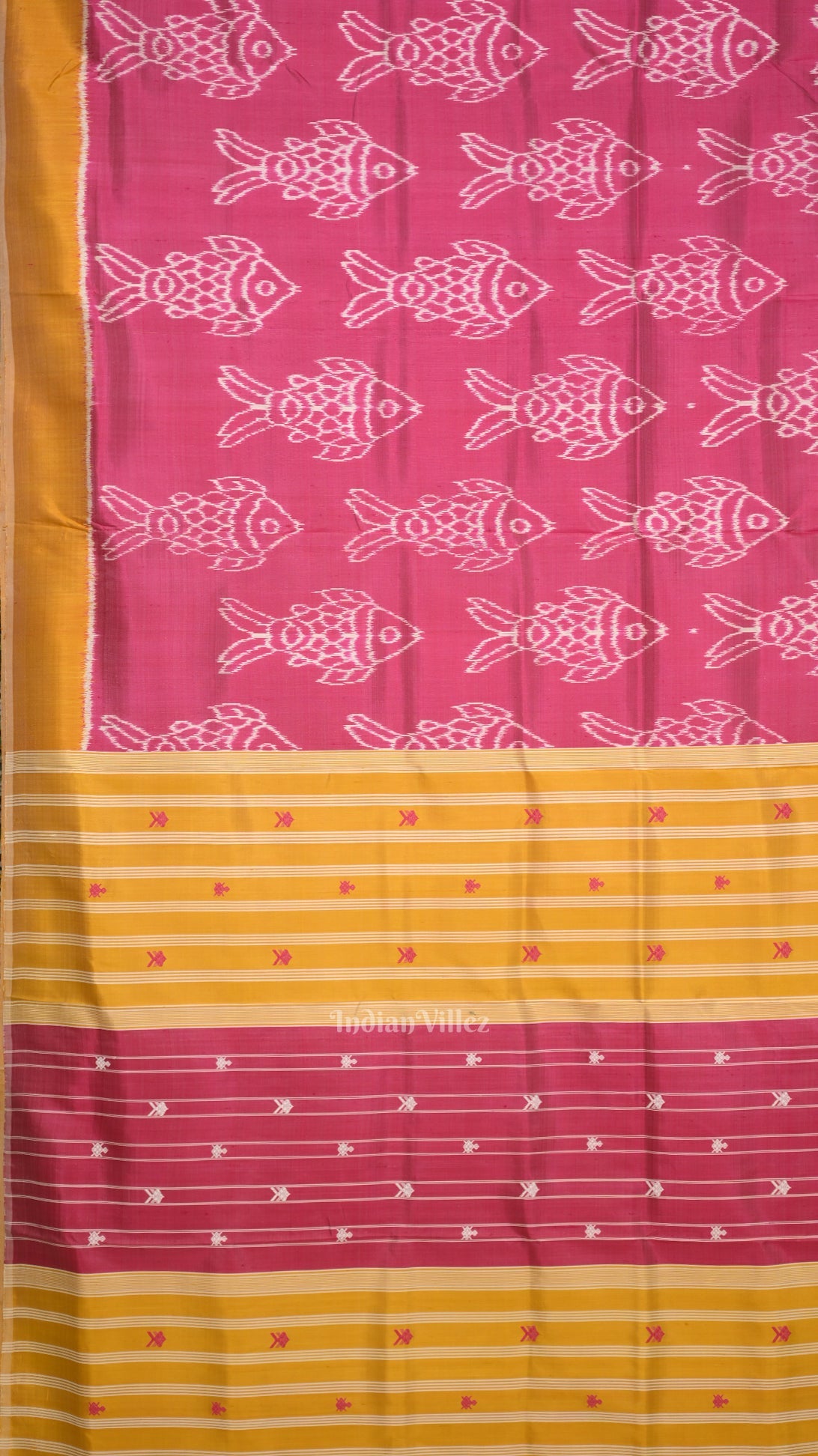 Baby Pink Yellow Fish Motif Odisha Ikat Contemporary Designer Saree