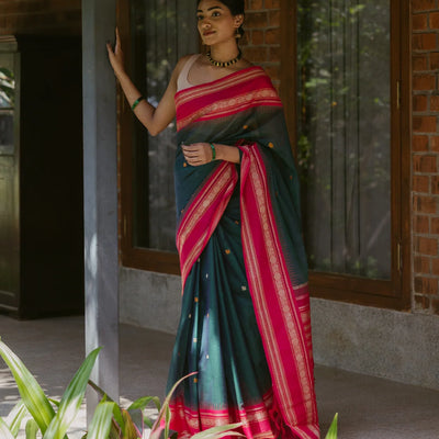 Teal Handloom Korvai Kanchi Cotton Saree With Annam Buttas