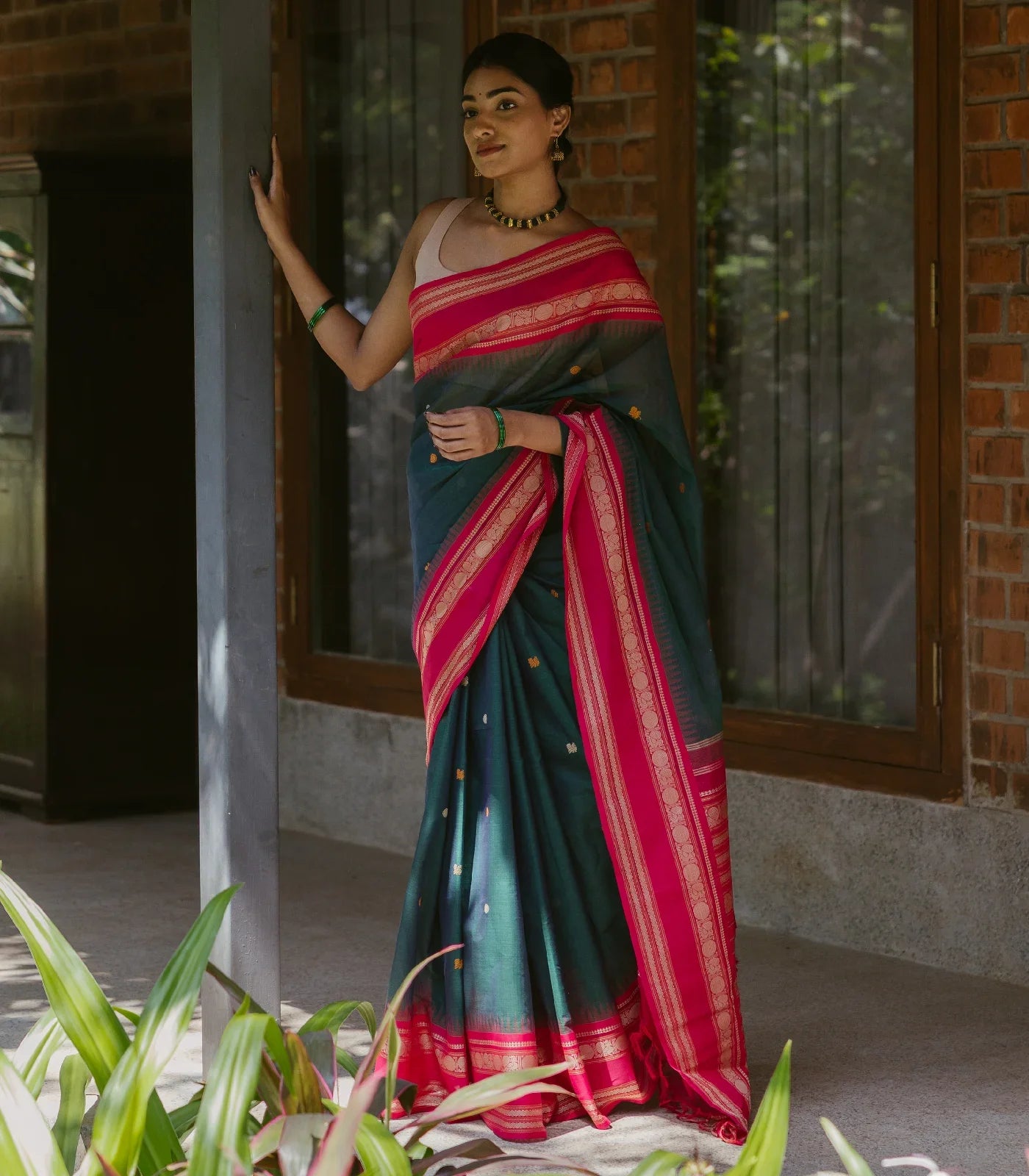 Teal Handloom Korvai Kanchi Cotton Saree With Annam Buttas