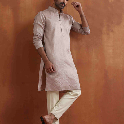 trueBrowns Men's Beige Sequin Chanderi Kurta