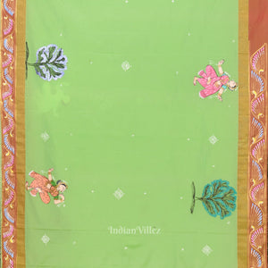 Parrot Green Raja Doli Theme Hand-Painted Pattachitra Saree
