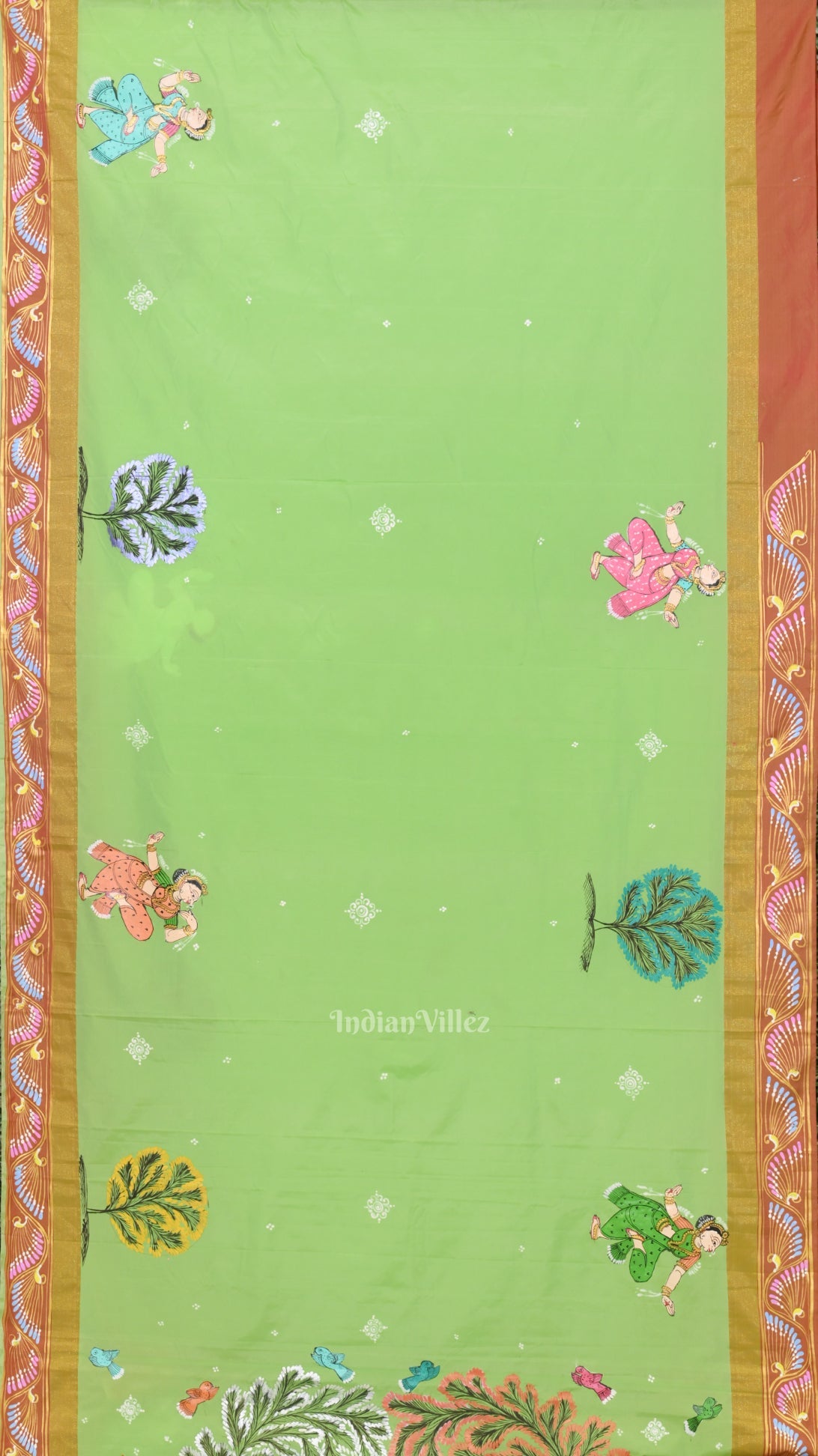 Parrot Green Raja Doli Theme Hand-Painted Pattachitra Saree